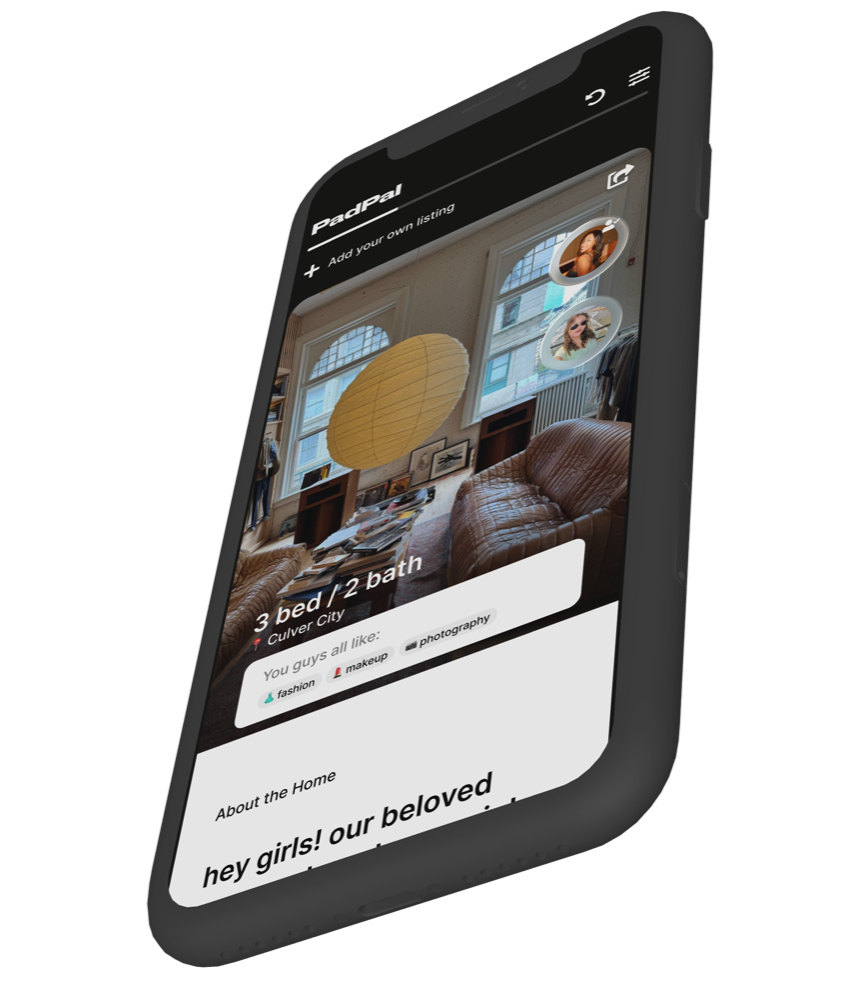 PadPal roommate finder app showing household openings and group feed on iPhone